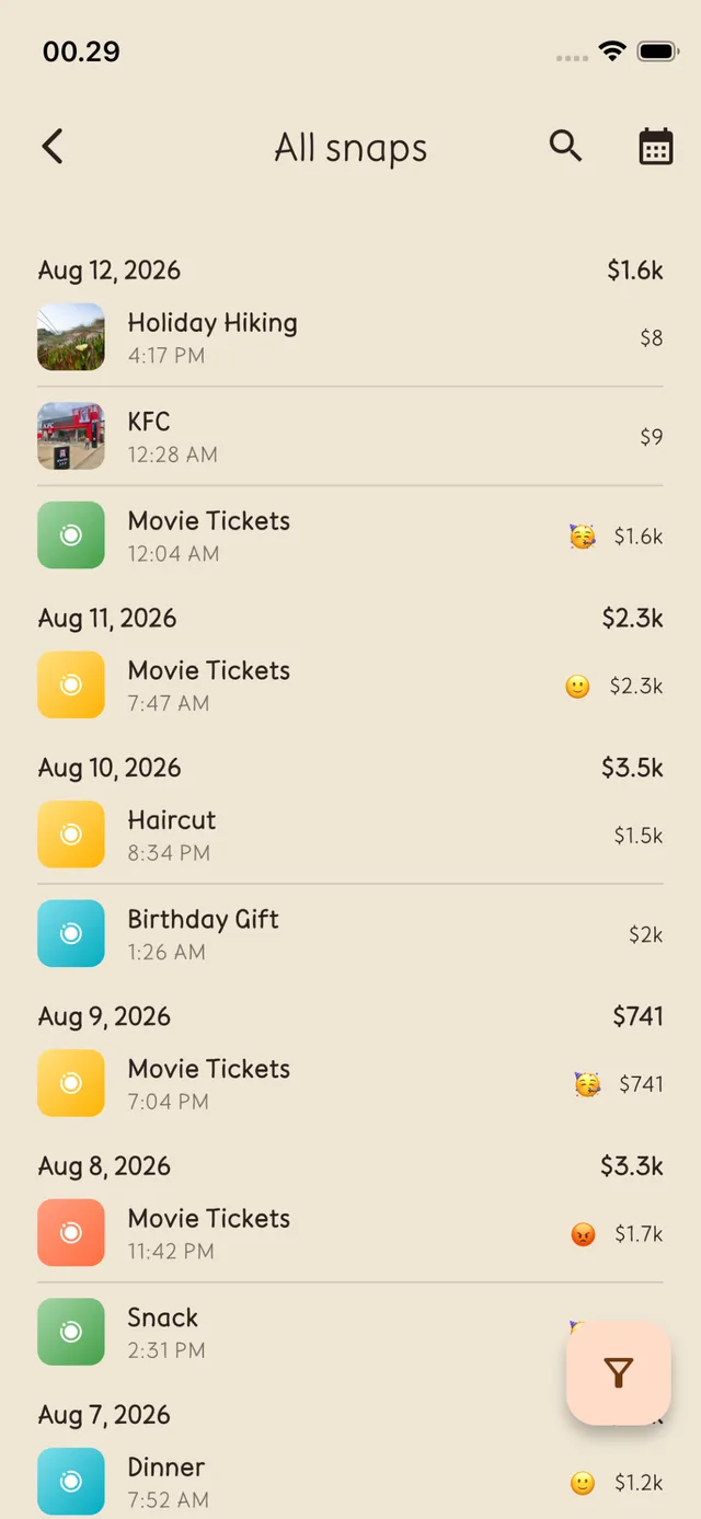 Totesnap list of all snaps grouped by day