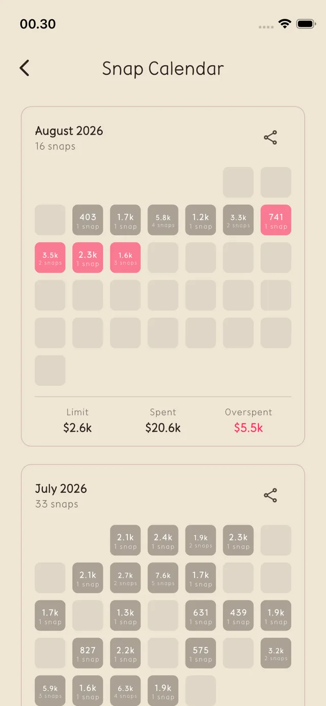 Totesnap calendar showing daily spending as a colour-coded grid