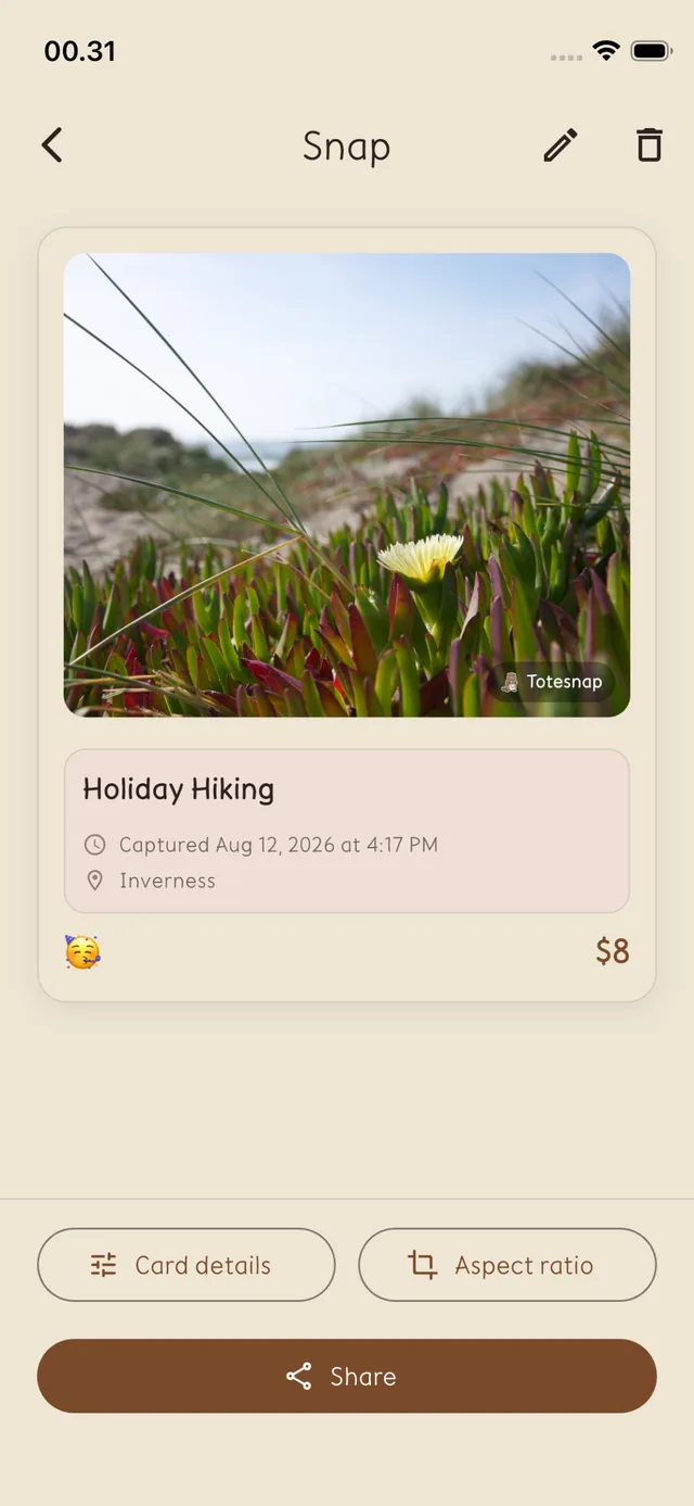 Totesnap snap detail screen showing a hiking photo, location, mood, and price