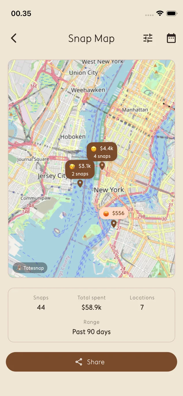 Totesnap map showing purchases plotted by location