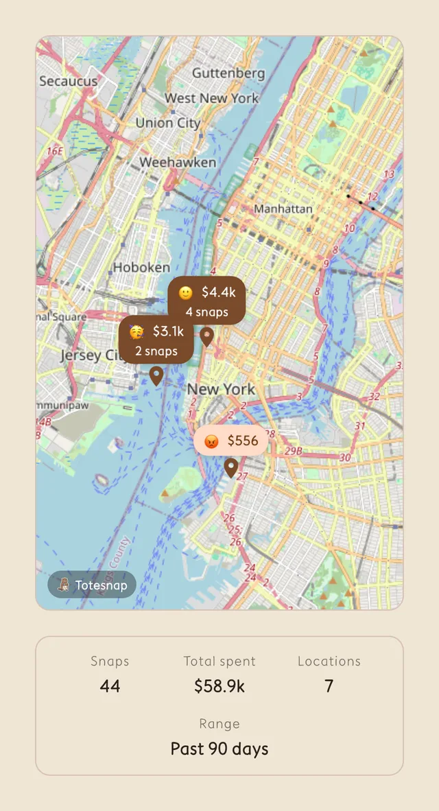Totesnap share card recapping 90 days of spending on a map